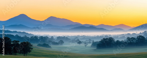 Scenic countryside with mist and sunrise, Monday morning, calm and refreshing