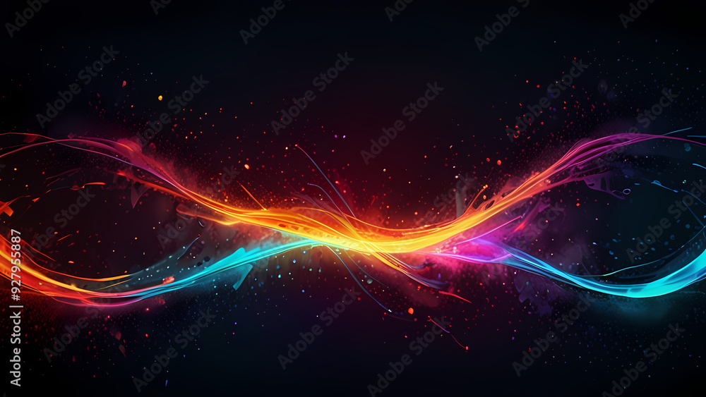 Obraz premium abstract background depicting the energy of chemical reactions, with neon-colored particles colliding and creating waves of energy across a dark, fluid backdrop