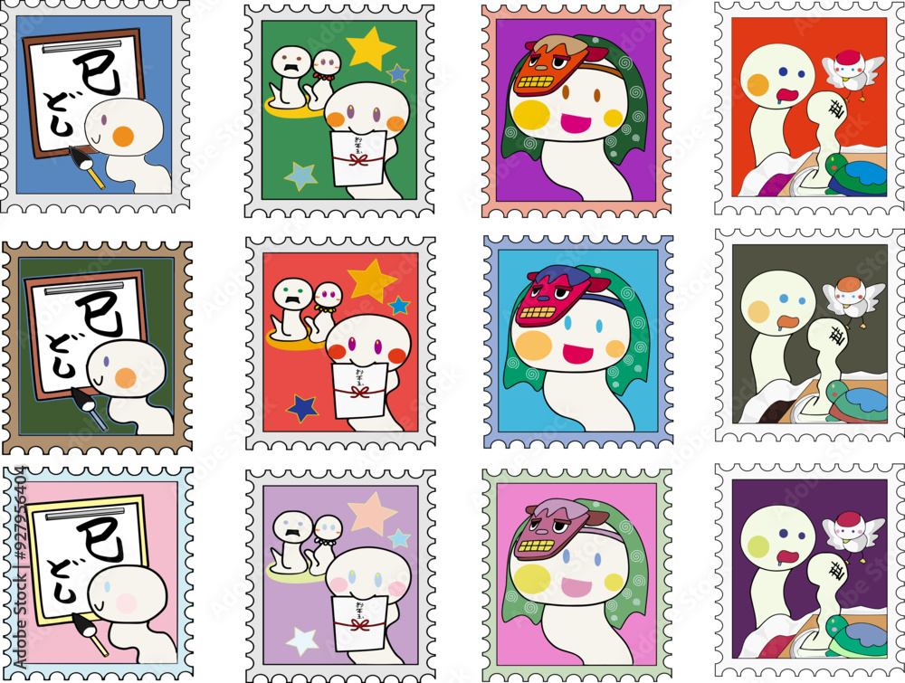 Fototapeta premium Charming stamp-style illustrations featuring a snake character, parfect for New Year's cards. SVG