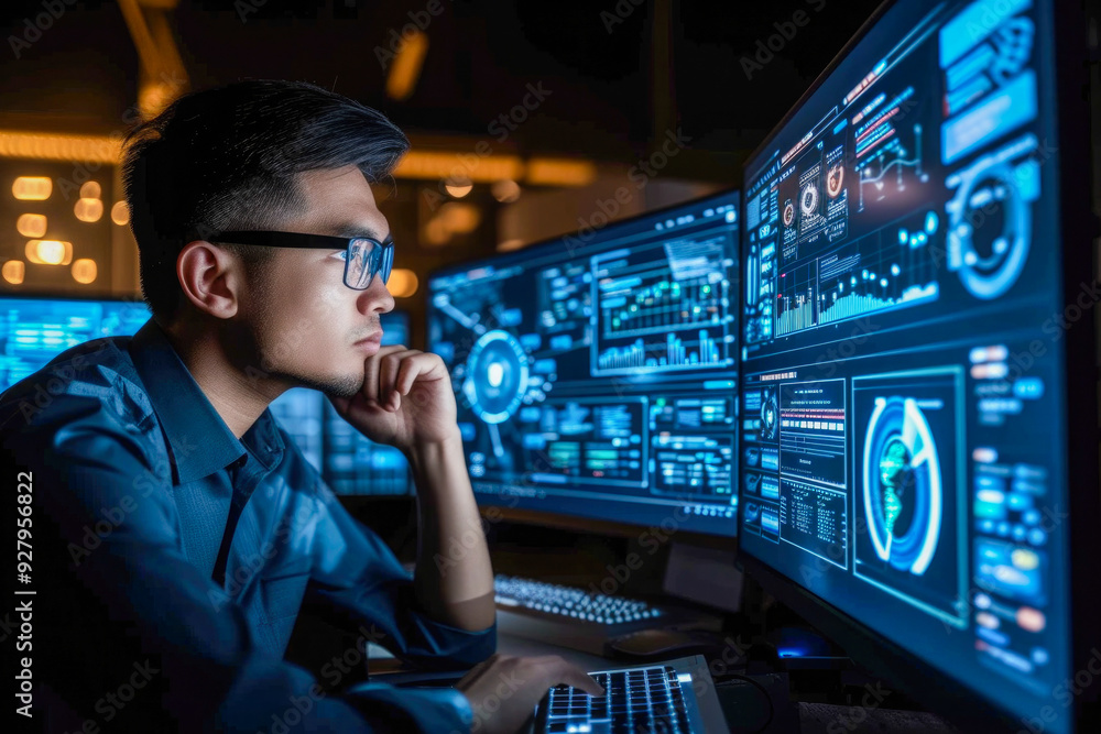 A man with glasses looking at a computer screen with a face made of lines A man with glasses looking at a computer screen with a face made of lines
