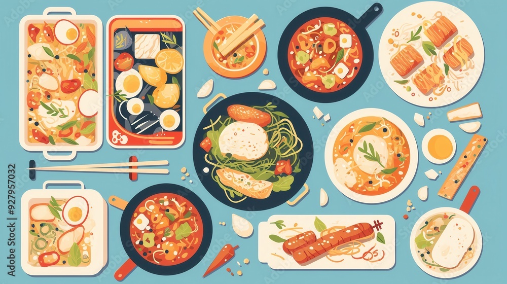A vibrant collection of delicious dishes featuring noodles, sushi, seafood, and more, perfect for food lovers and culinary enthusiasts. A vibrant collection of delicious dishes featuring noodles, sushi, seafood, and more, perfect for food lovers and culinary enthusiasts.
