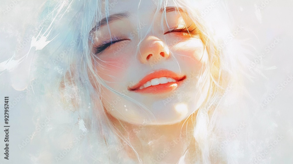 A beautiful illustration of a happy girl smiling under a bright, sunny sky.  Perfect for themes of joy, positivity, and happiness.