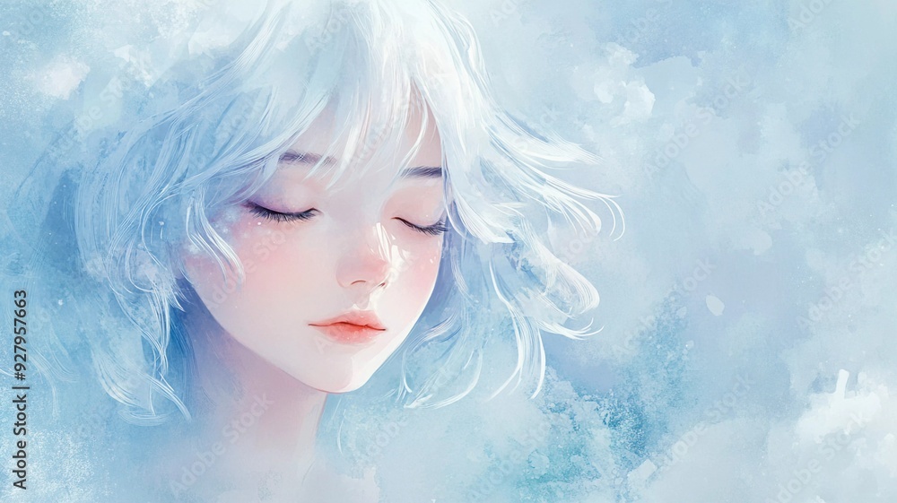 A stunning illustration of a peaceful white-haired girl with closed eyes, surrounded by soft blue and white tones. Ideal for themes of tranquility, beauty, and serenity.
A stunning illustration of a peaceful white-haired girl with closed eyes, surrounded by soft blue and white tones. Ideal for themes of tranquility, beauty, and serenity.