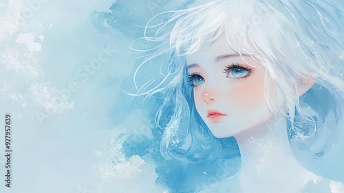 A stunning illustration of a peaceful white-haired girl with closed eyes, surrounded by soft blue and white tones. Ideal for themes of tranquility, beauty, and serenity. 