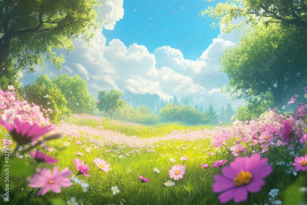 Obraz premium Springtime Whimsy: anime-style Morning on a Blooming Field, Enchanted with the Fragrance of Floral Seasonal Delights, Perfect for Easter Greetings,Anime-Style,illustration,Picture BooksFor Poster,Nove