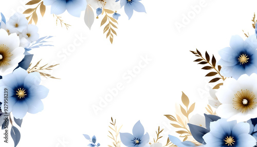 Wedding flyer invitation floral background blue and white flowers gold background 3