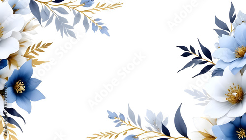Wedding flyer invitation floral background blue and white flowers gold background 5