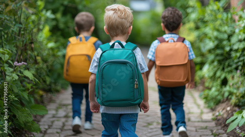 Children walking to school with backpacks, Monday morning, educational beginning