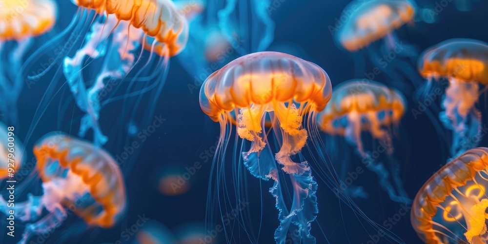 Vibrant jellyfish swimming gracefully in the ocean depths Vibrant jellyfish swimming gracefully in the ocean depths