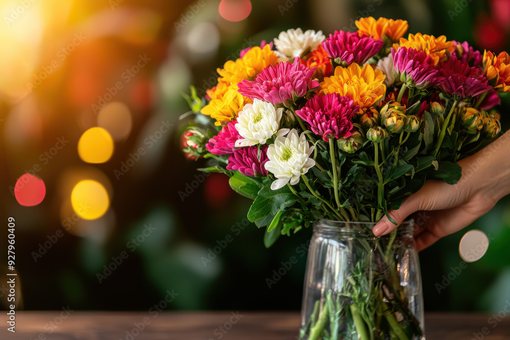 Fresh flowers being arranged in a vase, Monday morning, uplifting and cheerful Fresh flowers being arranged in a vase, Monday morning, uplifting and cheerful