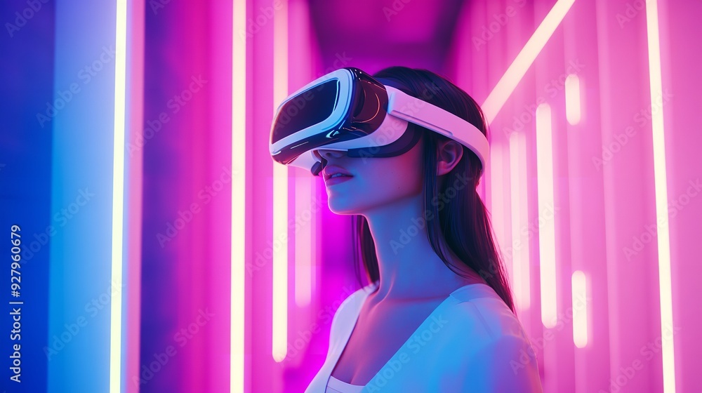 Young Woman Wearing VR Augmented Reality Goggles in Future Young Woman Wearing VR Augmented Reality Goggles in Future