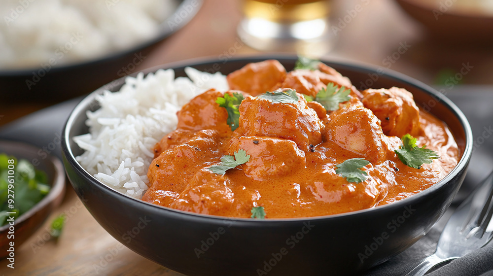 a serving of Indian butter chicken with rice a serving of Indian butter chicken with rice