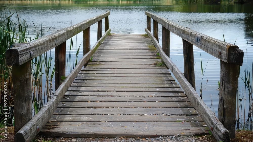 Obraz premium A wooden bridge extends across a still lake, with tall green reeds lining the sides. The bridge is made of weathered wooden planks and beams, with worn edges and a slight curve in the path.