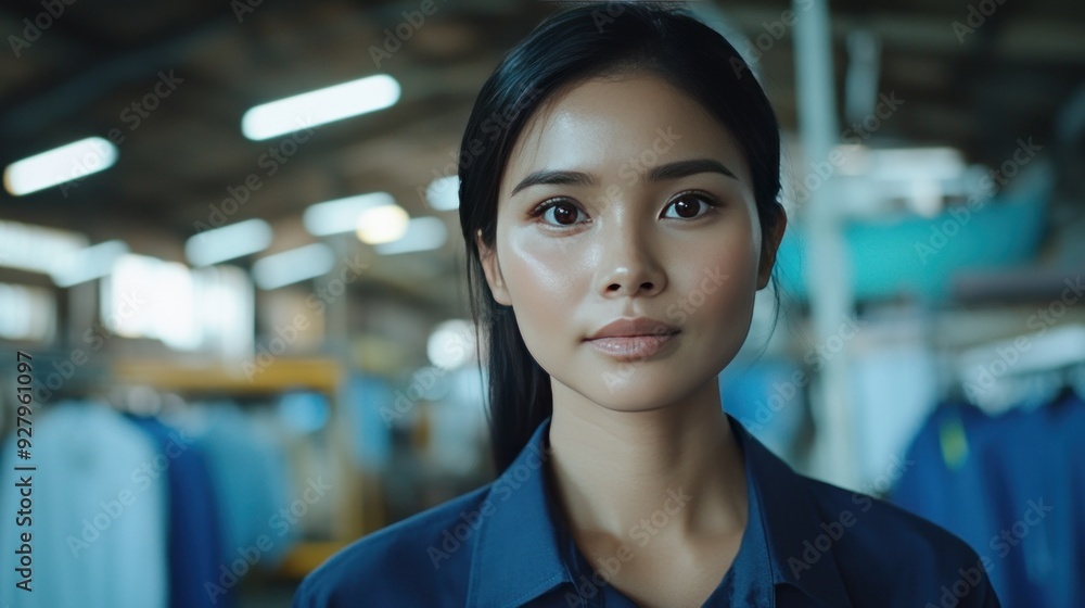 A young woman with dark hair and wearing a blue collared shirt looks directly at the camera in a factory setting. A young woman with dark hair and wearing a blue collared shirt looks directly at the camera in a factory setting.