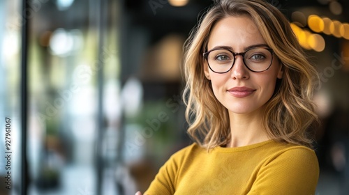Close-up portrait of a young woman with blonde hair and glasses smiling in a cafe.