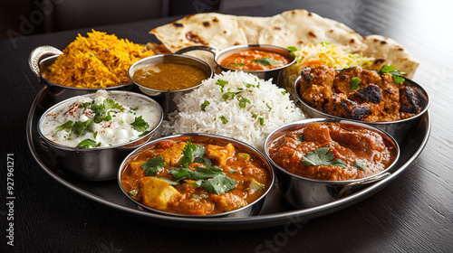 a traditional Indian thali platter, showcasing a variety of curries, rice, and bread