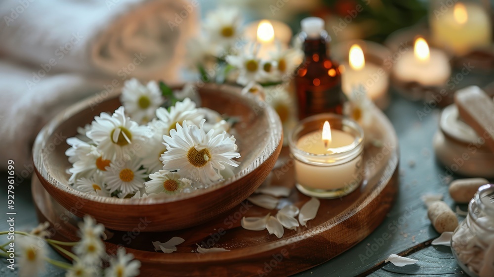 A calming spa atmosphere with a bowl of fresh flowers, lit candles, and soothing oils on a wooden tray A calming spa atmosphere with a bowl of fresh flowers, lit candles, and soothing oils on a wooden tray