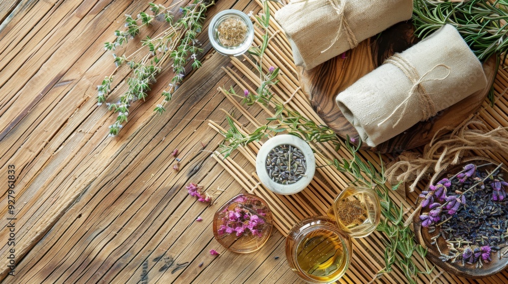 Obraz premium A calming spa setting with herbal sachets, essential oils, and a bamboo mat on a wooden surface.