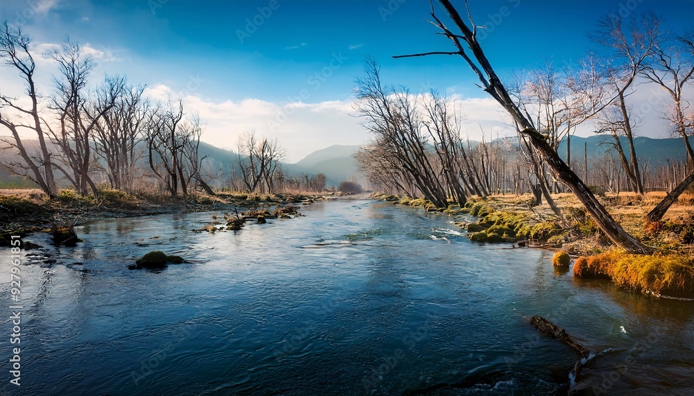 a river flowing calmly amidst dry trees. generative ai a river flowing calmly amidst dry trees. generative ai