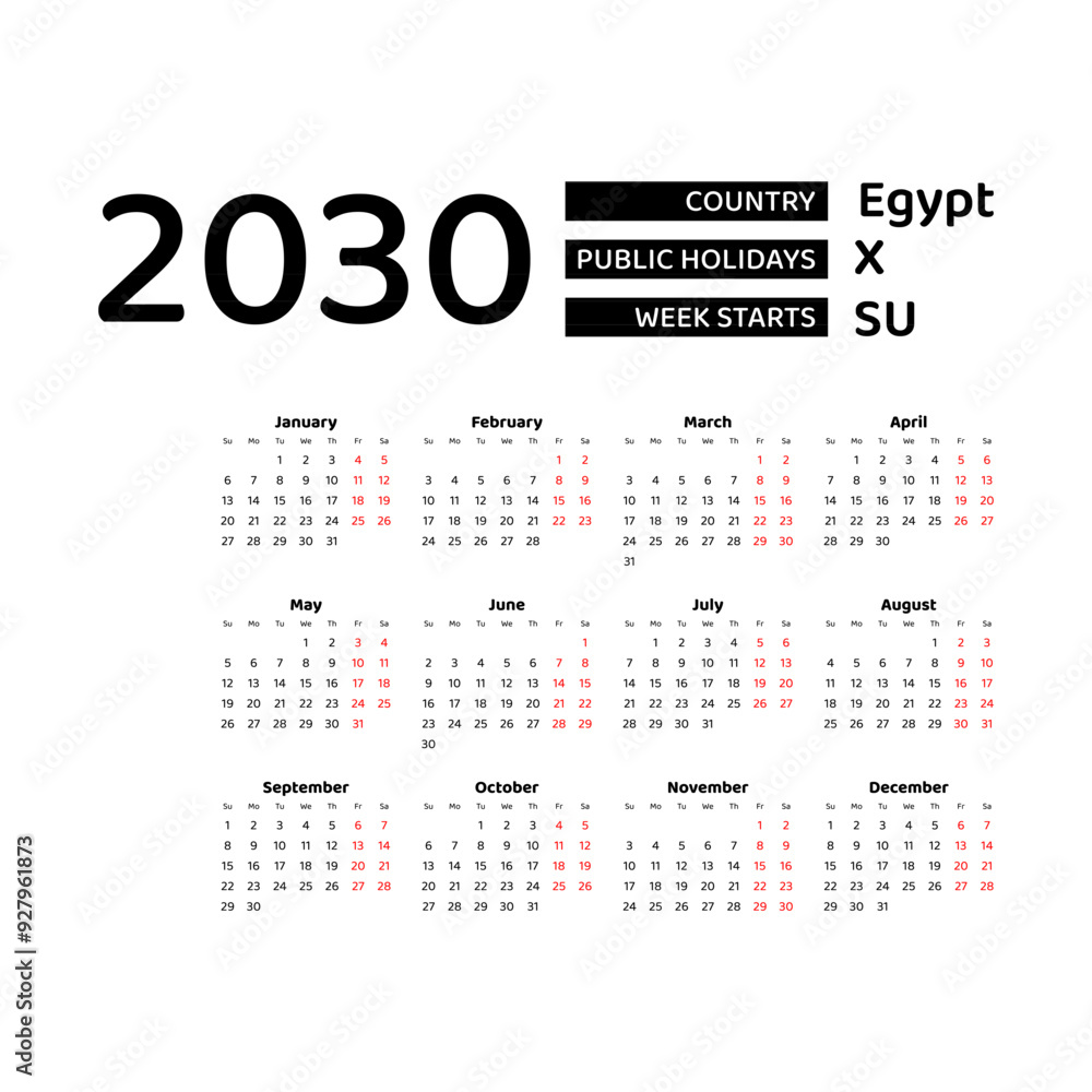 Calendar 2030 English language with Egypt public holidays. Week starts from Sunday. Graphic design vector illustration. Calendar 2030 English language with Egypt public holidays. Week starts from Sunday. Graphic design vector illustration.