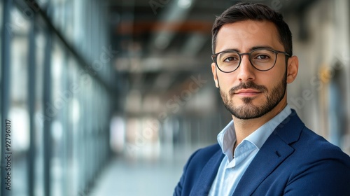 Confident businessman in glasses with a beard and a blue suit standing in an office.