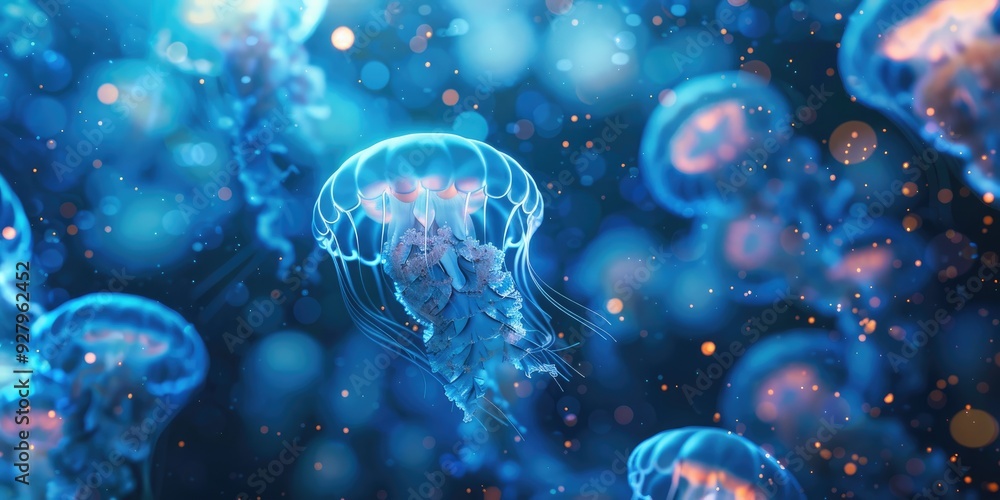 Small blue jellyfish glowing under the ocean Small blue jellyfish glowing under the ocean