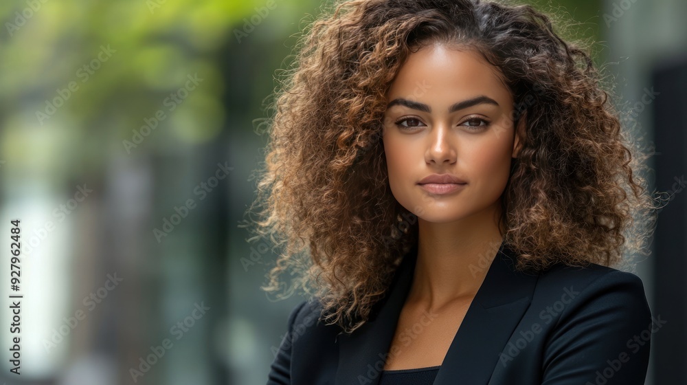Young woman with curly hair in a black blazer looking at the camera with a serious expression. Young woman with curly hair in a black blazer looking at the camera with a serious expression.