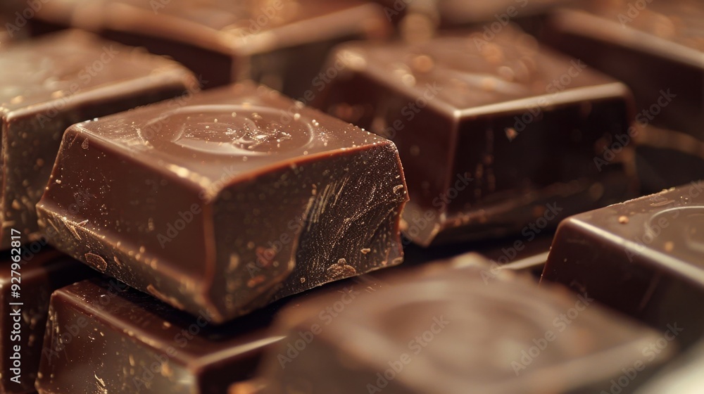 A close-up of rich, dark chocolate squares stacked neatly, showcasing their smooth texture and deep color A close-up of rich, dark chocolate squares stacked neatly, showcasing their smooth texture and deep color