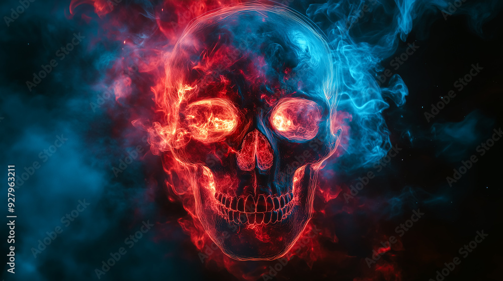 Abstract neon glowing skull on a dark background with smoke and light effects. Halloween celebration concept. Abstract neon glowing skull on a dark background with smoke and light effects. Halloween celebration concept.