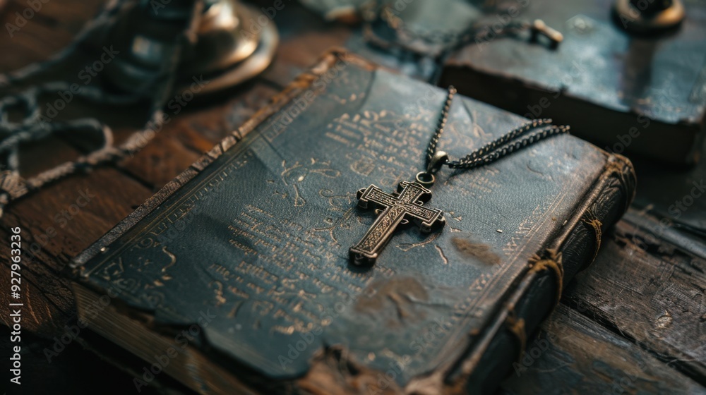 A cross pendant resting on a prayer book, symbolizing the intimate connection between faith and practice. A cross pendant resting on a prayer book, symbolizing the intimate connection between faith and practice.