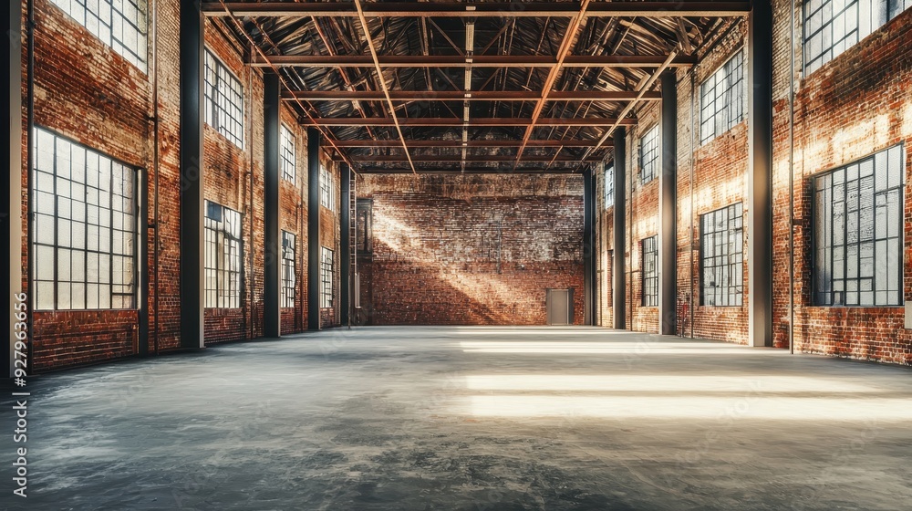 Empty Brick Warehouse Interior with Natural Light. Empty Brick Warehouse Interior with Natural Light.