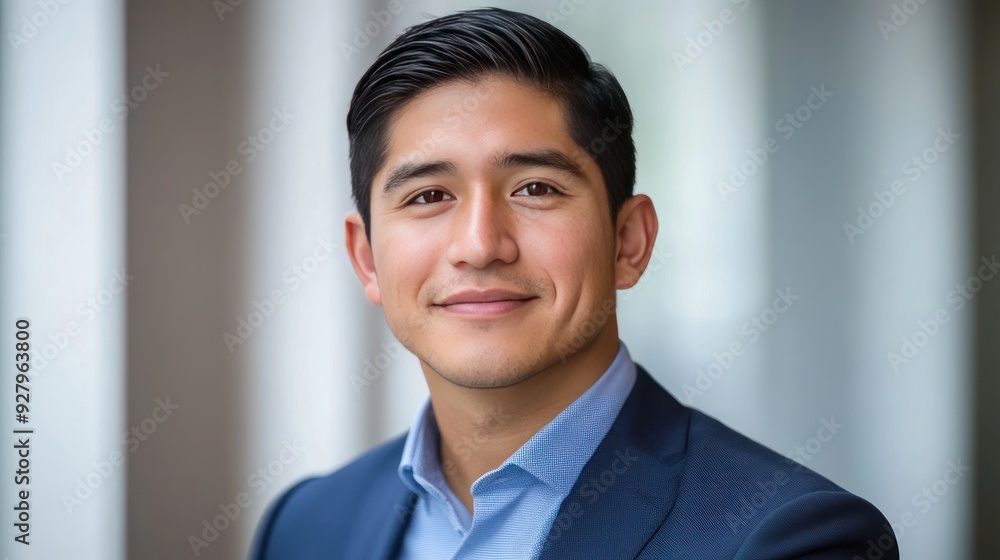 Portrait of a young businessman with a friendly smile, wearing a blue suit and a light blue shirt, against a blurred background. Portrait of a young businessman with a friendly smile, wearing a blue suit and a light blue shirt, against a blurred background.