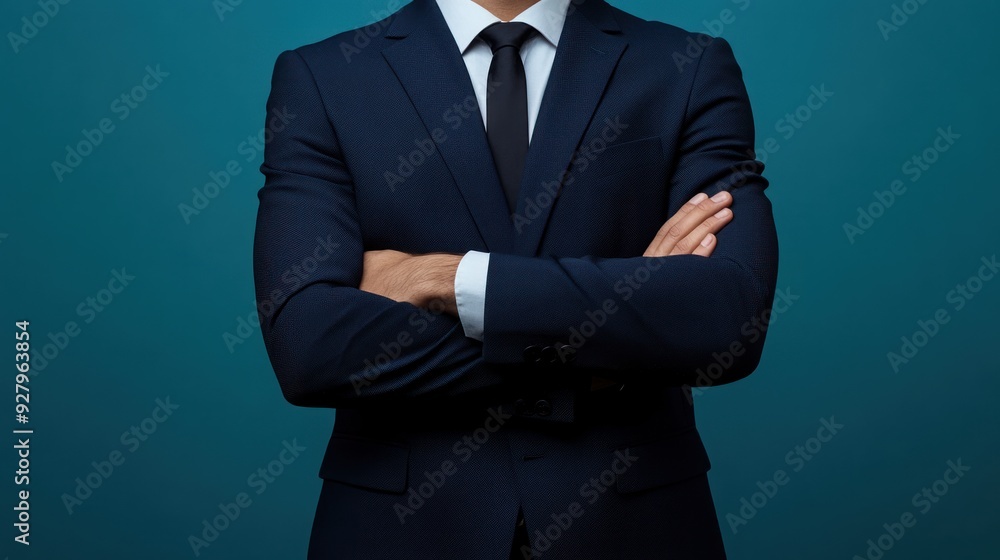 Closeup of a man in a blue suit with arms crossed, against a teal background. Closeup of a man in a blue suit with arms crossed, against a teal background.