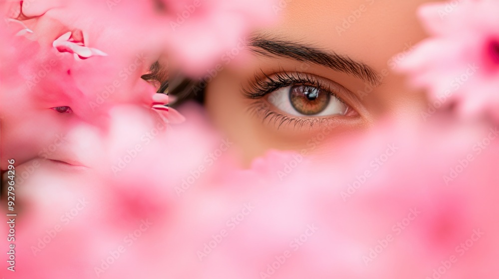 Close-up of a woman's eye peering through pink flowers. Close-up of a woman's eye peering through pink flowers.