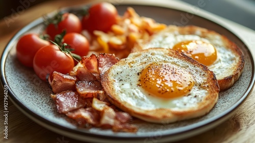 Fried eggs with vegetables on a plate. A bright healthy breakfast