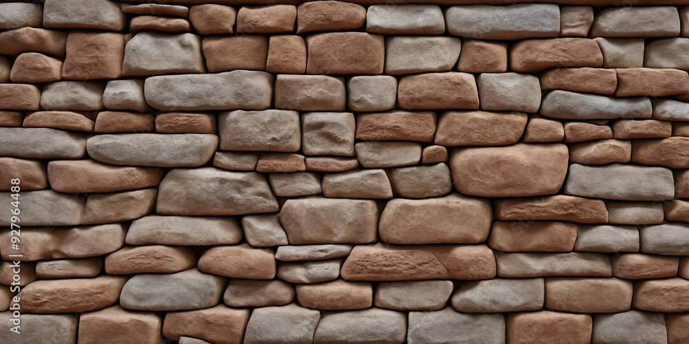 Fototapeta premium Traditionell geschichtete Steinwand aus hellen, glatten Natursteinen, die eine gleichmäßige Textur und eine warme, dezente Farbpalette von Beige bis Grau präsentiert