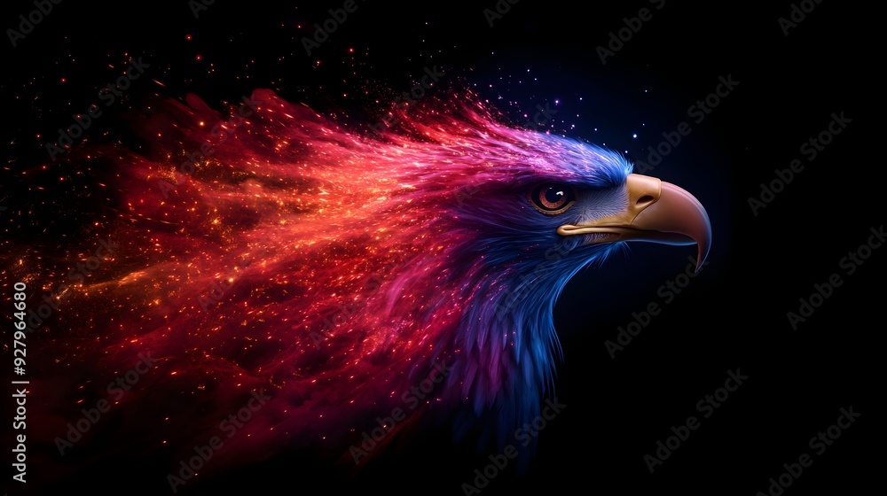 American flag in a surrealistic style, with elements morphing into eagles and fireworks, emphasizing patriotism, Surrealism, Bright colors, Dynamic composition