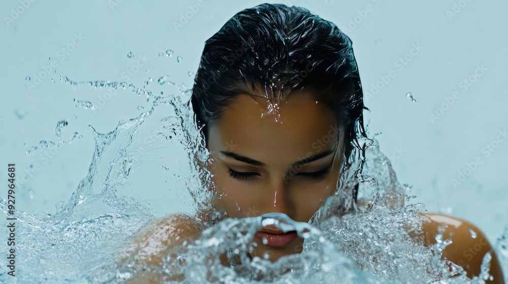 Obraz premium Close-up of a woman's face with water splashing around her.
