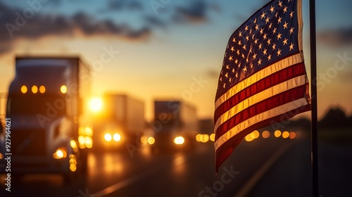 American flag flapping in the wind on a roadside pole, a convoy of trucks passing by, twilight hour, deep blue sky, transportation industry focus