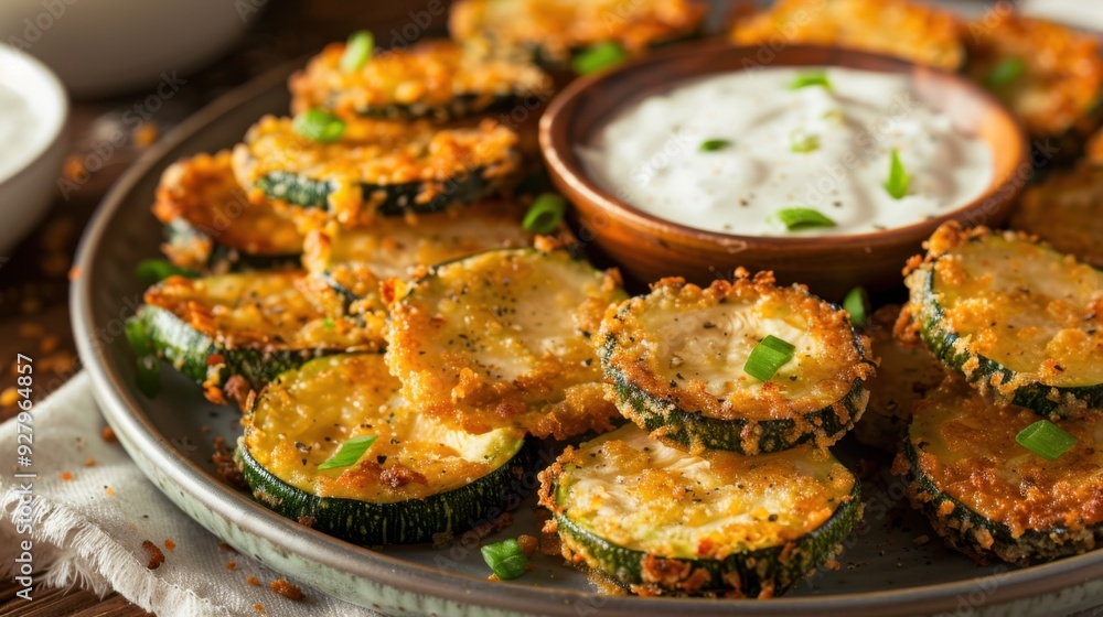 A plate of fried zucchini slices, crispy and golden, served with ranch dressing. A plate of fried zucchini slices, crispy and golden, served with ranch dressing.