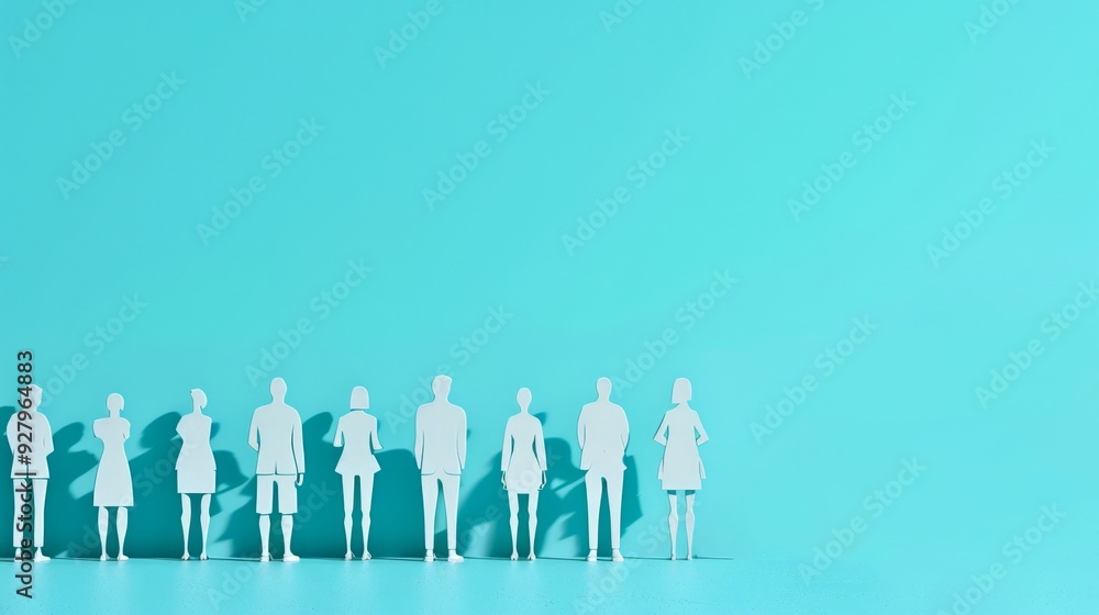 A group of minimalistic white figures stands against a vibrant blue background. The design is modern and suitable for various creative projects. It conveys unity and diversity. AI A group of minimalistic white figures stands against a vibrant blue background. The design is modern and suitable for various creative projects. It conveys unity and diversity. AI