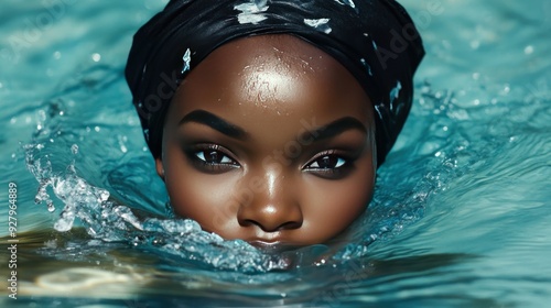 Woman with black headscarf emerging from blue water.