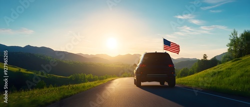 American flag waving on a vintage car driving down a scenic highway, surrounded by lush green hills and a clear blue sky, captured in vibrant colors, Retro style, Photography