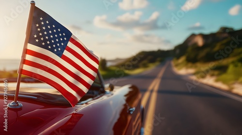 An American flag on the hood of a classic car, cruising down a scenic coastal highway, watercolor, pastel colors, summer vibes, freedom and adventure