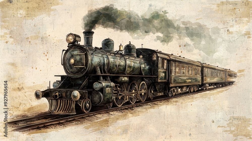 Fototapeta premium Vintage Steam Train Watercolor Painting.