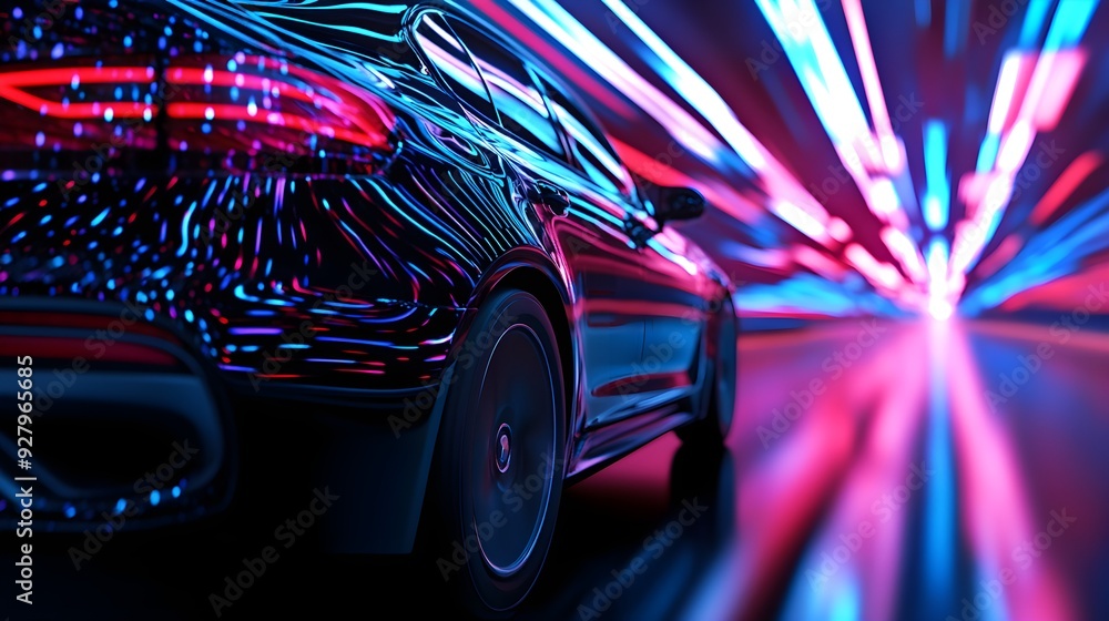 Futuristic car with a digital American flag overlay, driving through a neon-lit city, High-tech, Vibrant, 3D rendering Futuristic car with a digital American flag overlay, driving through a neon-lit city, High-tech, Vibrant, 3D rendering