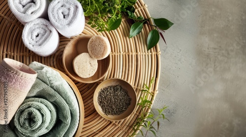 A spa-inspired flat lay with a bowl of aromatic herbs, rolled towels, and a bamboo mat.