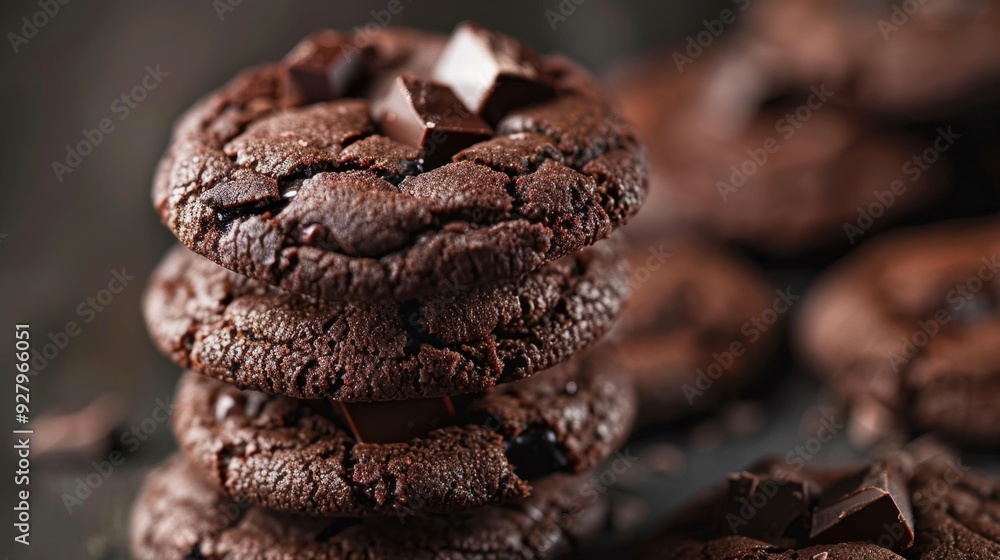 A stack of homemade chocolate cookies with chunks of chocolate visible, fresh out of the oven. A stack of homemade chocolate cookies with chunks of chocolate visible, fresh out of the oven.