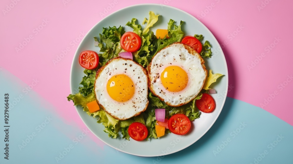 Fried eggs with vegetables on a plate. A bright healthy breakfast Fried eggs with vegetables on a plate. A bright healthy breakfast