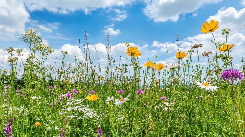 Wildflowers in a Meadow with Blue Sky and Clouds. Wildflowers in a Meadow with Blue Sky and Clouds.